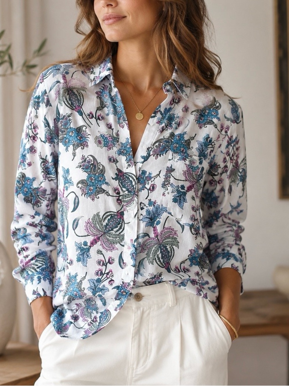 ZARA Women’s White Floral Button-Down Shirt Blue & Purple Print Size S NWOT